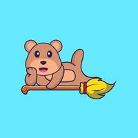 Cute bear lying on Magic Broom. Animal cartoon concept isolated. Can used for t-shirt, greeting card, invitation card or mascot. Flat Cartoon Style vector