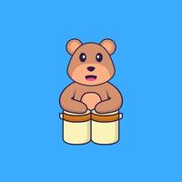 Cute bear is playing drums. Animal cartoon concept isolated. Can used for t-shirt, greeting card, invitation card or mascot. Flat Cartoon Style vector