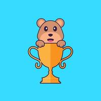 Cute bear with gold trophy. Animal cartoon concept isolated. Can used for t-shirt, greeting card, invitation card or mascot. Flat Cartoon Style vector