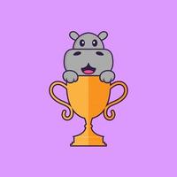 lindo hipopótamo con trofeo de oro. aislado concepto de dibujos animados de animales. Puede utilizarse para camiseta, tarjeta de felicitación, tarjeta de invitación o mascota. estilo de dibujos animados plana vector