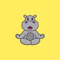 Cute hippopotamus is meditating or doing yoga. Animal cartoon concept isolated. Can used for t-shirt, greeting card, invitation card or mascot. Flat Cartoon Style vector