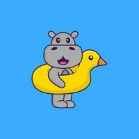 Cute hippopotamus With Duck buoy. Animal cartoon concept isolated. Can used for t-shirt, greeting card, invitation card or mascot. Flat Cartoon Style vector