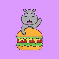 Cute hippopotamus eating burger. Animal cartoon concept isolated. Can used for t-shirt, greeting card, invitation card or mascot. Flat Cartoon Style vector