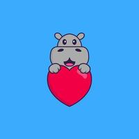 lindo hipopótamo sosteniendo un gran corazón rojo. aislado concepto de dibujos animados de animales. Puede utilizarse para camiseta, tarjeta de felicitación, tarjeta de invitación o mascota. estilo de dibujos animados plana vector
