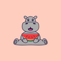 Cute hippopotamus eating watermelon. Animal cartoon concept isolated. Can used for t-shirt, greeting card, invitation card or mascot. Flat Cartoon Style vector