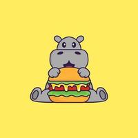 Cute hippopotamus eating burger. Animal cartoon concept isolated. Can used for t-shirt, greeting card, invitation card or mascot. Flat Cartoon Style vector