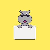 Cute hippopotamus holding whiteboard. Animal cartoon concept isolated. Can used for t-shirt, greeting card, invitation card or mascot. Flat Cartoon Style vector