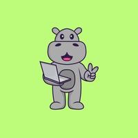 lindo hipopótamo sosteniendo portátil. aislado concepto de dibujos animados de animales. Puede utilizarse para camiseta, tarjeta de felicitación, tarjeta de invitación o mascota. estilo de dibujos animados plana vector