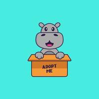 Cute hippopotamus in box with a poster Adopt me. Animal cartoon concept isolated. Can used for t-shirt, greeting card, invitation card or mascot. Flat Cartoon Style vector