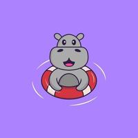 Cute hippopotamus is Swimming with a buoy. Animal cartoon concept isolated. Can used for t-shirt, greeting card, invitation card or mascot. Flat Cartoon Style vector