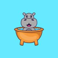 Cute hippopotamus taking a bath in the bathtub. Animal cartoon concept isolated. Can used for t-shirt, greeting card, invitation card or mascot. Flat Cartoon Style vector