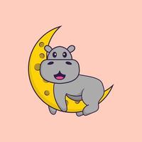 Cute hippopotamus is on the moon. Animal cartoon concept isolated. Can used for t-shirt, greeting card, invitation card or mascot. Flat Cartoon Style vector