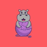 lindo hipopótamo jugando con hilo de lana. aislado concepto de dibujos animados de animales. Puede utilizarse para camiseta, tarjeta de felicitación, tarjeta de invitación o mascota. estilo de dibujos animados plana vector