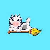 Cute cow lying on Magic Broom. Animal cartoon concept isolated. Can used for t-shirt, greeting card, invitation card or mascot. Flat Cartoon Style