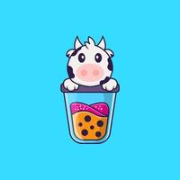 Linda vaca bebiendo té con leche de boba. aislado concepto de dibujos animados de animales. Puede utilizarse para camiseta, tarjeta de felicitación, tarjeta de invitación o mascota. estilo de dibujos animados plana vector