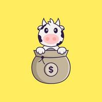 Cute cow playing in money bag. Animal cartoon concept isolated. Can used for t-shirt, greeting card, invitation card or mascot. Flat Cartoon Style vector