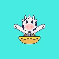 Cute cow with birthday cake. Animal cartoon concept isolated. Can used for t-shirt, greeting card, invitation card or mascot. Flat Cartoon Style vector