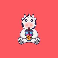 Cute cow Drinking Boba milk tea. Animal cartoon concept isolated. Can used for t-shirt, greeting card, invitation card or mascot. Flat Cartoon Style vector