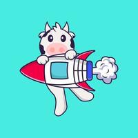 Cute cow flying on rocket. Animal cartoon concept isolated. Can used for t-shirt, greeting card, invitation card or mascot. Flat Cartoon Style vector