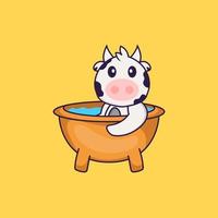 Cute cow taking a bath in the bathtub. Animal cartoon concept isolated. Can used for t-shirt, greeting card, invitation card or mascot. Flat Cartoon Style vector