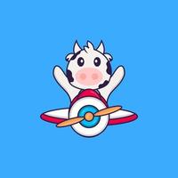 Cute cow flying on a plane. Animal cartoon concept isolated. Can used for t-shirt, greeting card, invitation card or mascot. Flat Cartoon Style vector