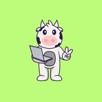 Cute cow holding laptop. Animal cartoon concept isolated. Can used for t-shirt, greeting card, invitation card or mascot. Flat Cartoon Style vector