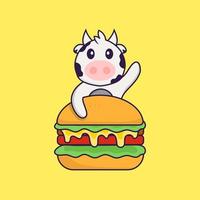 Cute cow eating burger. Animal cartoon concept isolated. Can used for t-shirt, greeting card, invitation card or mascot. Flat Cartoon Style vector