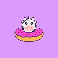 Cute cow with a donut on his neck. Animal cartoon concept isolated. Can used for t-shirt, greeting card, invitation card or mascot. Flat Cartoon Style
