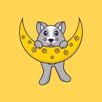 Cute rat is on the moon. Animal cartoon concept isolated. Can used for t-shirt, greeting card, invitation card or mascot. Flat Cartoon Style vector