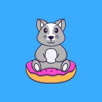 Cute rat is sitting on donuts. Animal cartoon concept isolated. Can used for t-shirt, greeting card, invitation card or mascot. Flat Cartoon Style vector