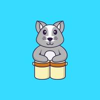 Cute rat is playing drums. Animal cartoon concept isolated. Can used for t-shirt, greeting card, invitation card or mascot. Flat Cartoon Style vector