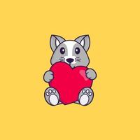 linda rata sosteniendo un gran corazón rojo. aislado concepto de dibujos animados de animales. Puede utilizarse para camiseta, tarjeta de felicitación, tarjeta de invitación o mascota. estilo de dibujos animados plana vector
