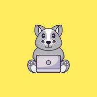 linda rata usando laptop. aislado concepto de dibujos animados de animales. Puede utilizarse para camiseta, tarjeta de felicitación, tarjeta de invitación o mascota. estilo de dibujos animados plana vector