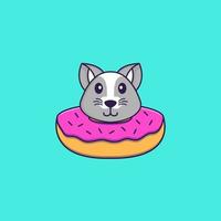 Cute rat with a donut on his neck. Animal cartoon concept isolated. Can used for t-shirt, greeting card, invitation card or mascot. Flat Cartoon Style