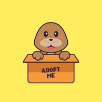 Cute dog in box with a poster Adopt me. Animal cartoon concept isolated. Can used for t-shirt, greeting card, invitation card or mascot. Flat Cartoon Style vector