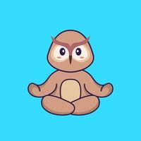 Cute owl is meditating or doing yoga. Animal cartoon concept isolated. Can used for t-shirt, greeting card, invitation card or mascot. Flat Cartoon Style vector