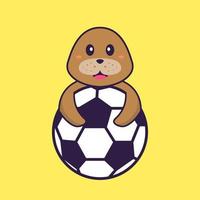 Cute dog playing soccer. Animal cartoon concept isolated. Can used for t-shirt, greeting card, invitation card or mascot. Flat Cartoon Style vector