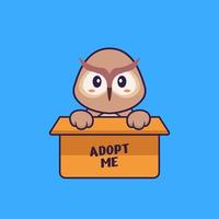 Cute owl in box with a poster Adopt me. Animal cartoon concept isolated. Can used for t-shirt, greeting card, invitation card or mascot. Flat Cartoon Style vector