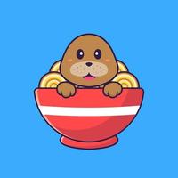 lindo perro comiendo fideos ramen. aislado concepto de dibujos animados de animales. Puede utilizarse para camiseta, tarjeta de felicitación, tarjeta de invitación o mascota. estilo de dibujos animados plana vector