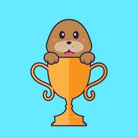 lindo perro con trofeo de oro. aislado concepto de dibujos animados de animales. Puede utilizarse para camiseta, tarjeta de felicitación, tarjeta de invitación o mascota. estilo de dibujos animados plana vector