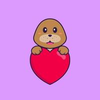 lindo perro sosteniendo un gran corazón rojo. aislado concepto de dibujos animados de animales. Puede utilizarse para camiseta, tarjeta de felicitación, tarjeta de invitación o mascota. estilo de dibujos animados plana vector