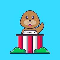 Cute dog is being a ticket keeper. Animal cartoon concept isolated. Can used for t-shirt, greeting card, invitation card or mascot. Flat Cartoon Style vector