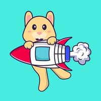 Cute rabbit flying on rocket. Animal cartoon concept isolated. Can used for t-shirt, greeting card, invitation card or mascot. Flat Cartoon Style vector