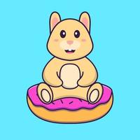 lindo conejo está sentado sobre donas. aislado concepto de dibujos animados de animales. Puede utilizarse para camiseta, tarjeta de felicitación, tarjeta de invitación o mascota. estilo de dibujos animados plana vector