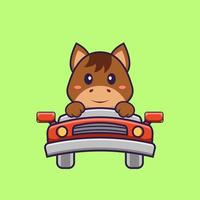 Cute horse is driving. Animal cartoon concept isolated. Can used for t-shirt, greeting card, invitation card or mascot. Flat Cartoon Style vector