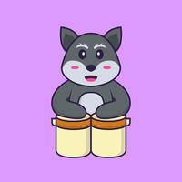 Cute fox is playing drums. Animal cartoon concept isolated. Can used for t-shirt, greeting card, invitation card or mascot. Flat Cartoon Style vector