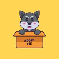 Cute fox in box with a poster Adopt me. Animal cartoon concept isolated. Can used for t-shirt, greeting card, invitation card or mascot. Flat Cartoon Style vector