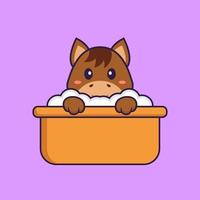 Cute horse taking a bath in the bathtub. Animal cartoon concept isolated. Can used for t-shirt, greeting card, invitation card or mascot. Flat Cartoon Style vector
