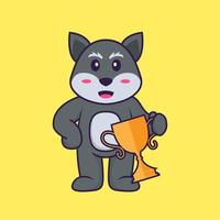 Cute fox holding gold trophy. Animal cartoon concept isolated. Can used for t-shirt, greeting card, invitation card or mascot. Flat Cartoon Style vector