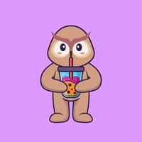 Cute owl Drinking Boba milk tea. Animal cartoon concept isolated. Can used for t-shirt, greeting card, invitation card or mascot. Flat Cartoon Style vector